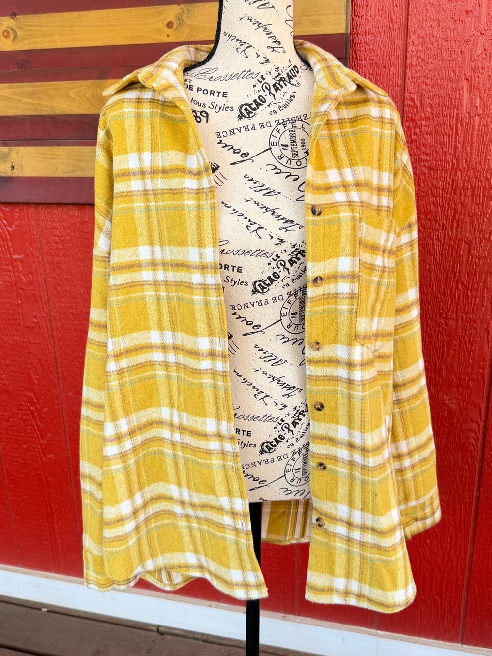 Style Rack Mustard Yellow Plaid Flannel Shacket – Oversized Button Front Jacket - Picture 2 of 6
